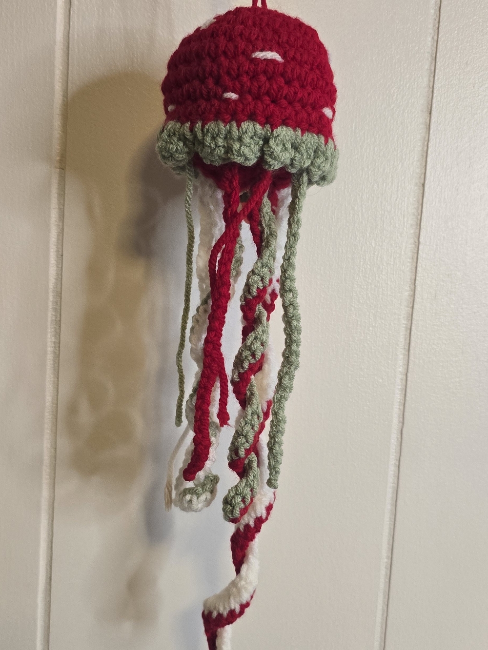 Handmade Crochet Jellyfish Hair Accessory in Red, Green & White